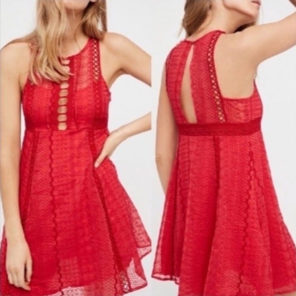 Free People Wherever You Go Crochet Red Lace Mini Dress - Picture 1 of 15